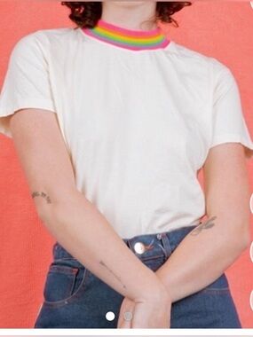 Big Bud Press Rainbow Mock Neck Tee Off White Ivory Size S